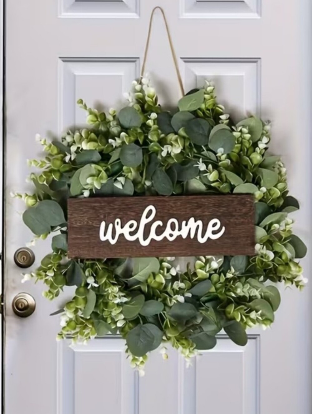 Welcome Front Door Wreath with Wood Sign & Artificial Plant Decor